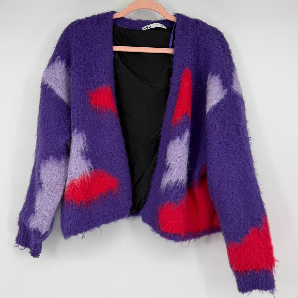 Zara Purple Red Abstract Fuzzy Knit Lined Cardigan Sweater Womens Medium